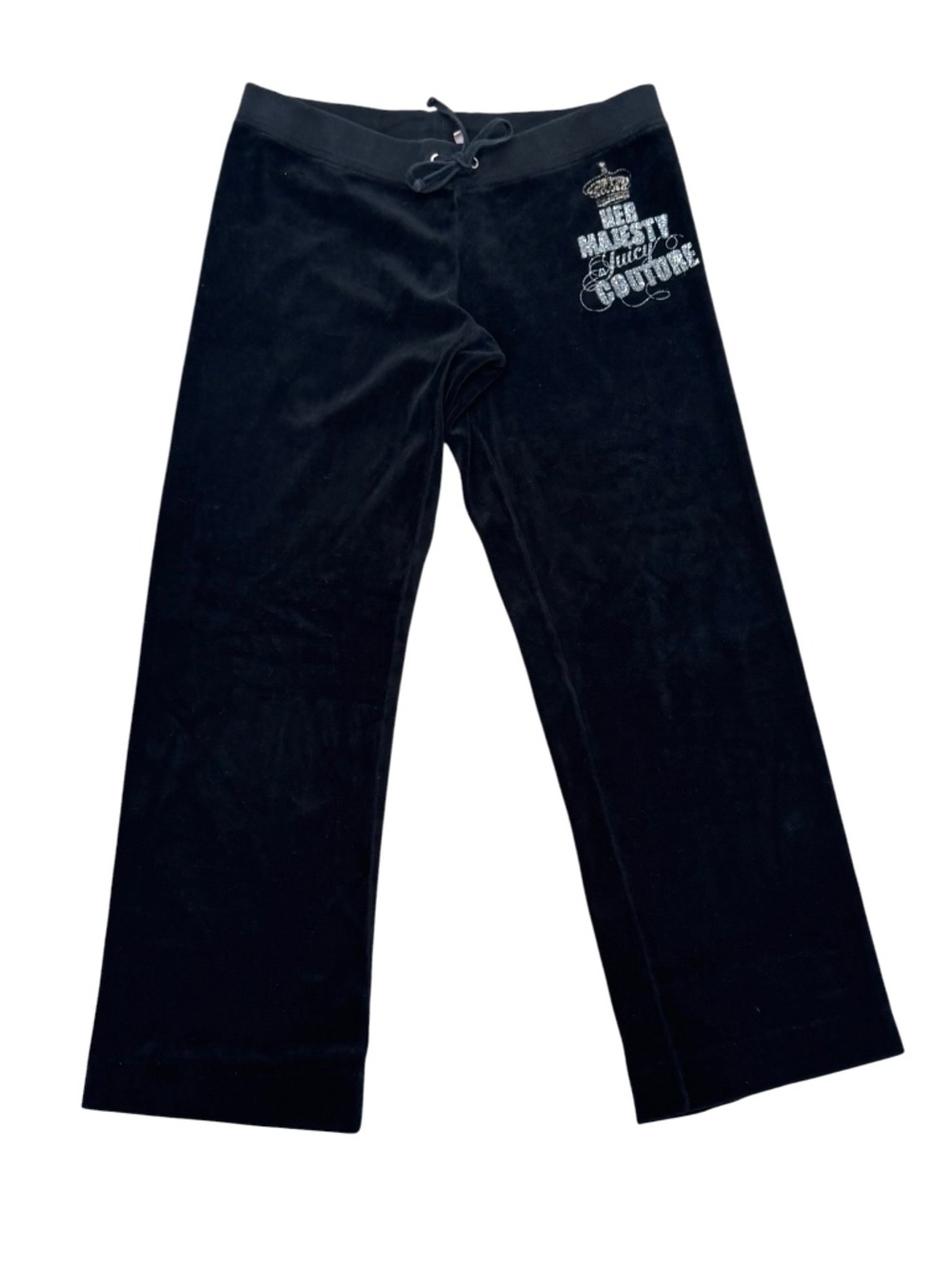 VINTAGE Y2K JUICY COUTURE BLACK VELOUR TRACK PANTS W HER MAJESTY SILVER GRAPHIC